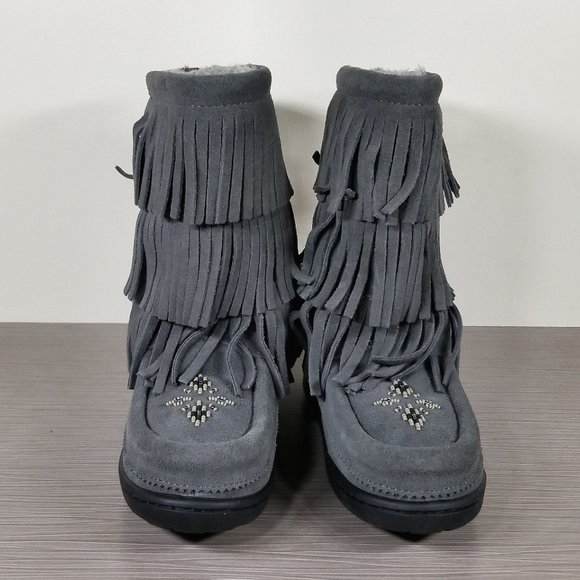 Manitobah Mukluks Buffalo Dancer Tall Boot, Gray Suede, Youth Size 3 (Ages 6-8) - Picture 2 of 14